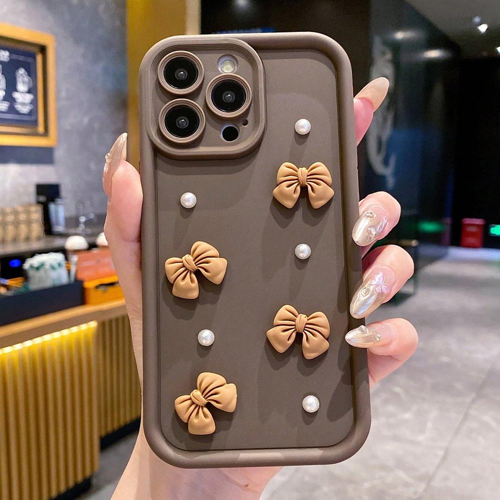 Korean 3D Bowknot Pearl Silicone Phone Case For iPhone 17 Air 16 Pro 15 14 13 12 11 Pro Max 16E 7 8 Plus Shockproof Soft Cover