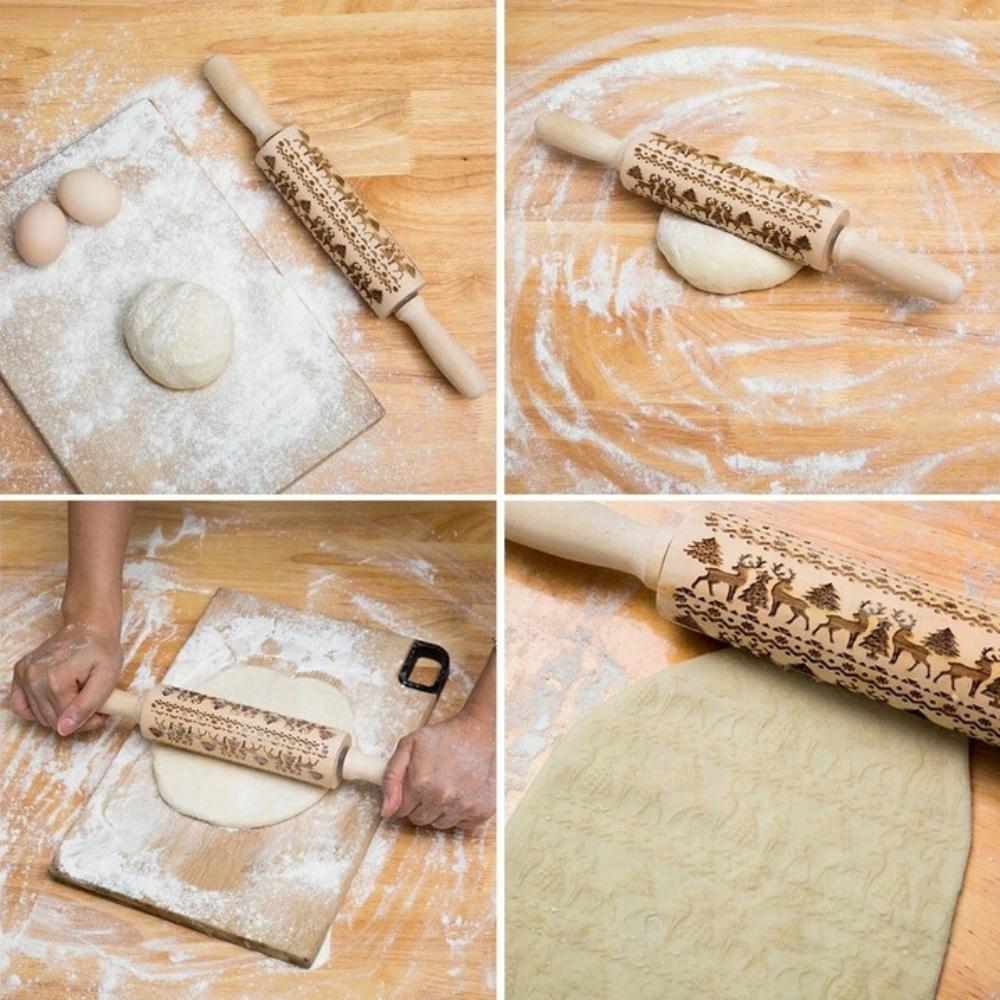 Wooden rolling pin with Christmas patterns and decorative engraving