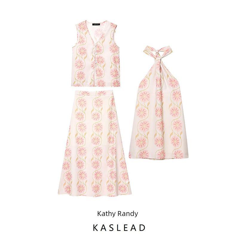 Kaslead New Arrival Women's Clothing Fashion Style Print Halterneck Dress Vest Top and Skirt Three-Piece Set