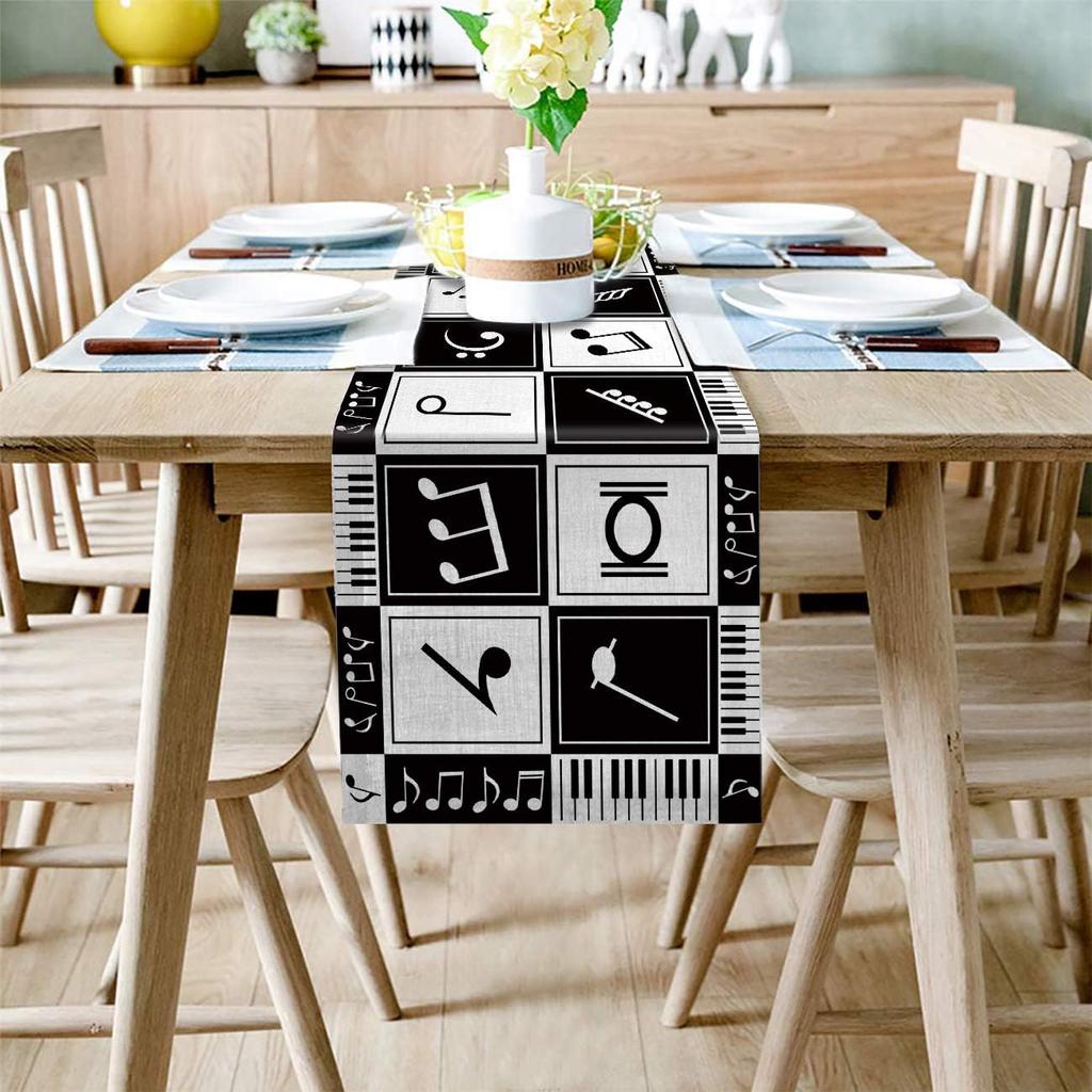 Music Note Black and White Stitching Linen Table Runner Dresser Scarf Farmhouse Kitchen Dining Table Runner Holiday Party Decor