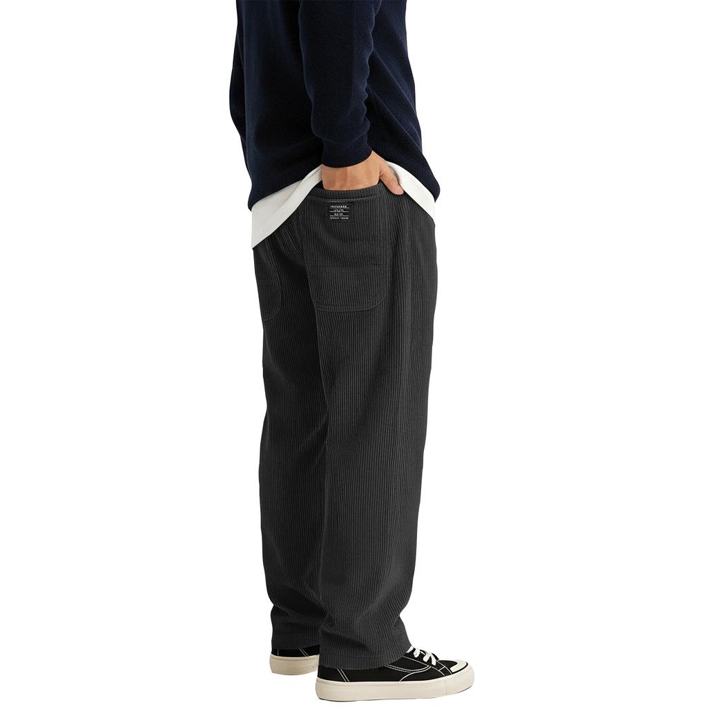 Mens Corduroy Loose Fit Trousers Straight Leg Casual Pants With Patch Pockets And Elastic Waistband For Daily Wear