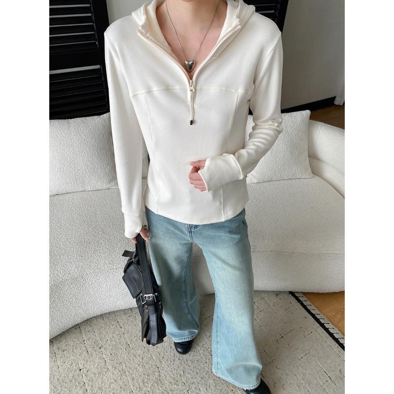 Sinan Slimming Fishbone Stitch Half-Zip Hooded Casual T-shirt Medium бежевый