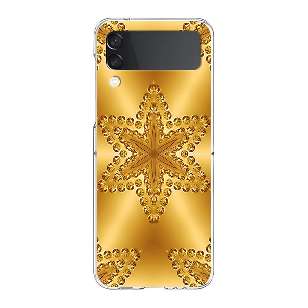 Gold Foil Art Hard PC Phone Case For Samsung Galaxy Z Flip 5 4 3 Transparent Cover For Galaxy Z Flip 6 Foldable Shockproof Cases