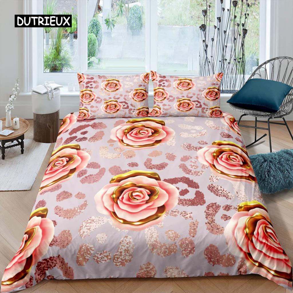 Rose Duvet Cover Set Women Chic Purple Floral Print Bedding Set Romantic Flowers Glitter King Size Comforter Cover for Couples