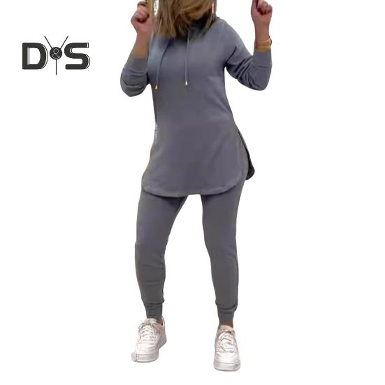 2 Teile/Satz Damen Oberteile Hosen Set Mit Kapuze Lange Ärmel Einfarbig Schlitz Saum Sweatshirt Elastische Taille Slim Fit Hose Sport Outfit Herbst Frühling Trainingsanzug