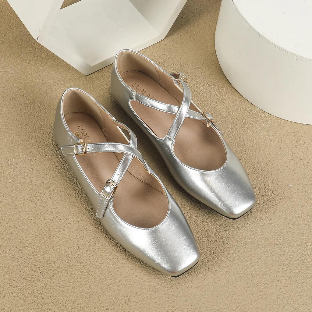 Fashion Low Heeled Mary Jane Single Shoes 2025 Women Shoes Retro Shallow Ballet Shoes Cross Buckle Shallow Soft Sole Flats Plus Size 44