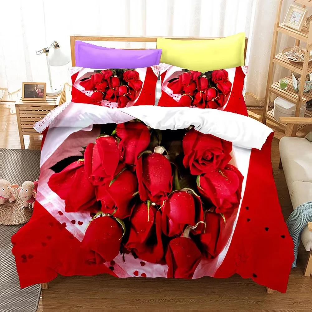 Flor Rosa Vermelha Roupa de Cama de Casamento Super Confortável Tamanho Casal King Capa de Edredom 2 Peças Fronha Têxtil para Casa Conjuntos de Capas para Camas