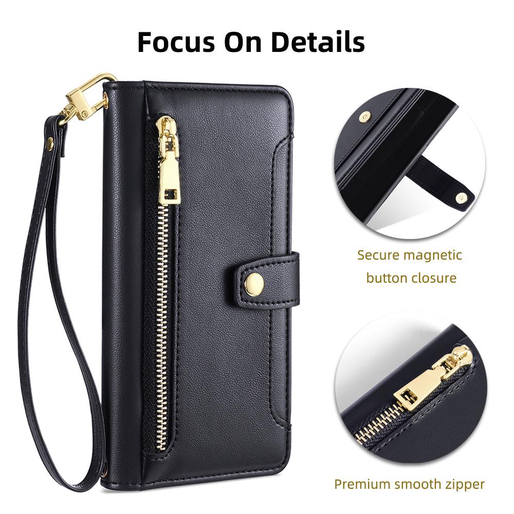 For iPhone 14 Pro Max PU Leather Stand Case Zipper Pocket Phone Cover with Wrist Strap and Shoulder Strap
