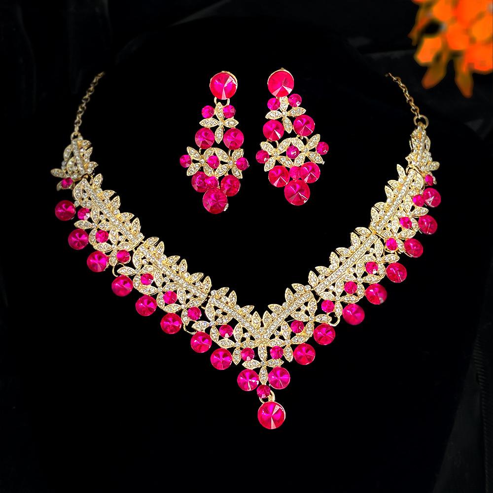 Exquisite Colored Rhinestone Necklace Earrings Set Party Dress Accessories Necklace