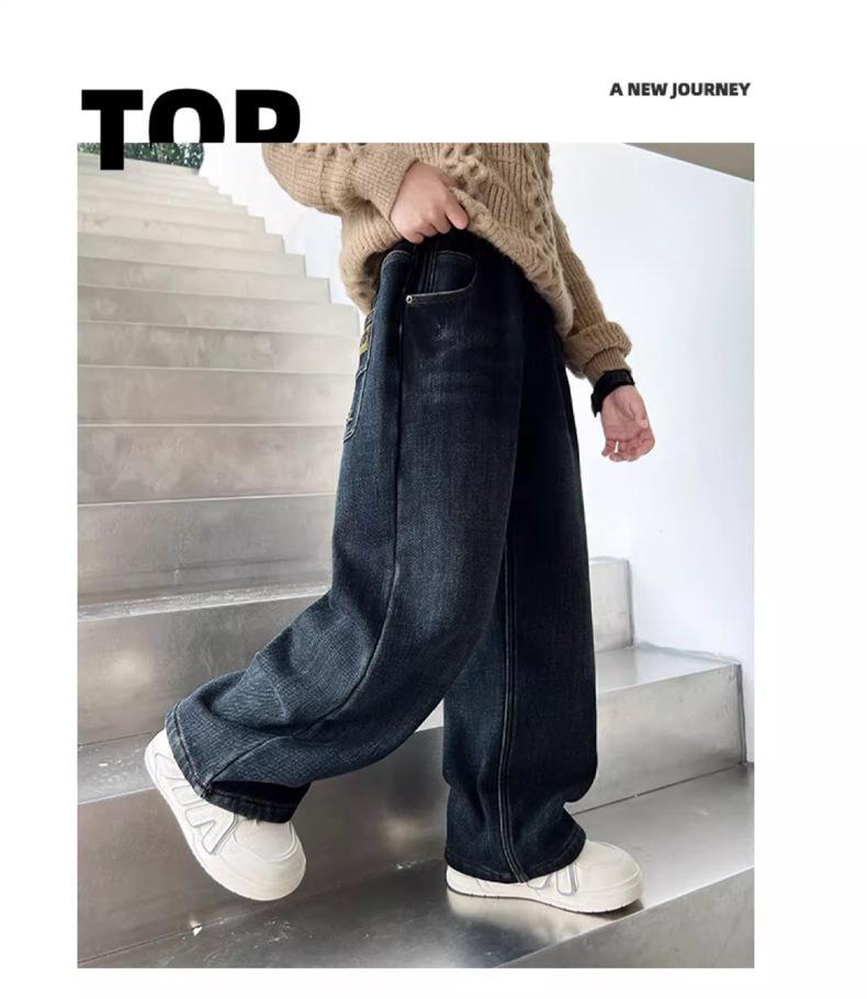 2025 Blugi pentru Băieți Mărimi Mari cu Căptușeală Fleece cu Croială Dreaptă pentru Adolescenți Supraponderali – Pantaloni Lungi de Primăvară și Toamnă Pantaloni la Modă