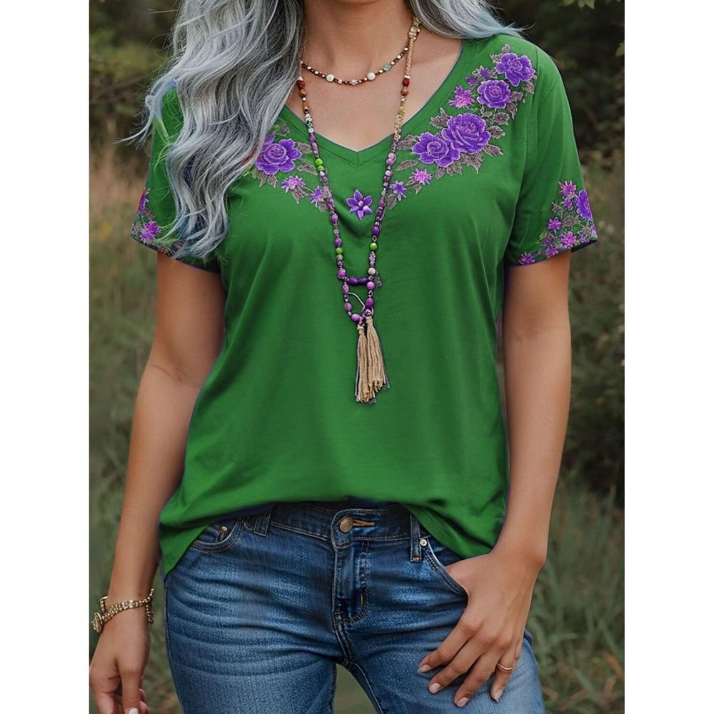 

2025 Горячие летние женские топы Ретро цветочный графический стиль с принтом V-образный вырез Повседневная футболка с коротким рукавом XXXL