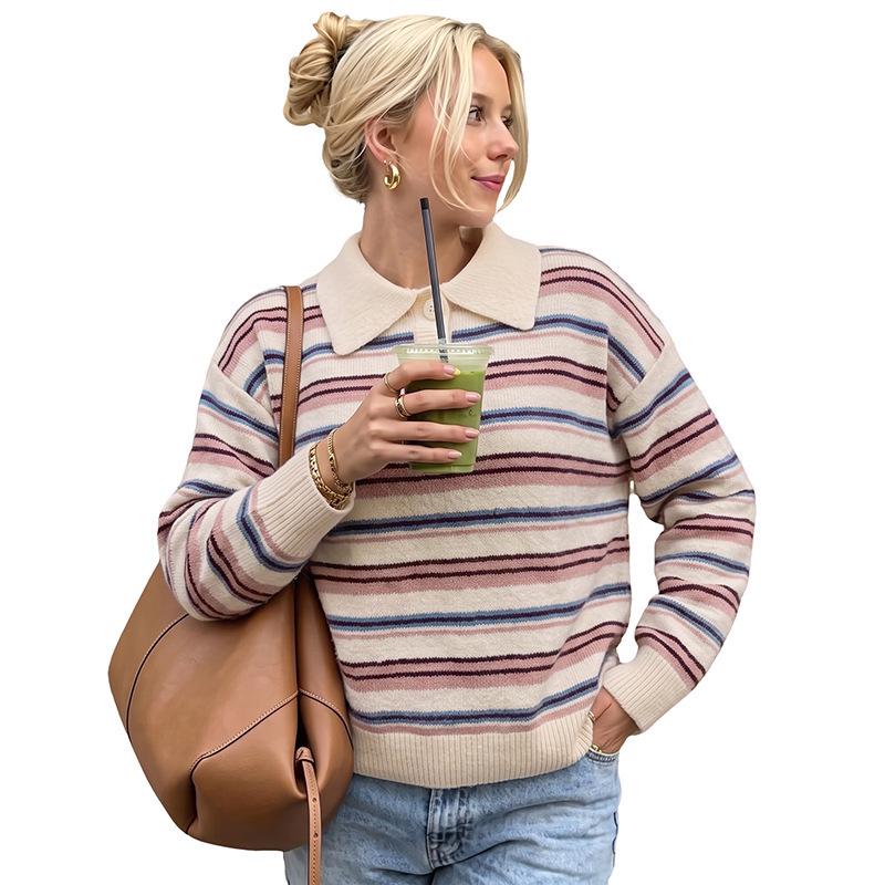 2026 Autumn/Winter Women's Striped Polo Collar Cardigan Sweater - Long Sleeve Knit