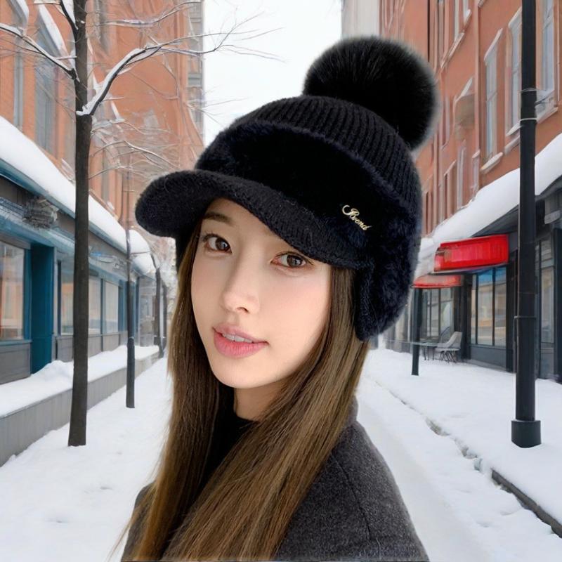 Stitching mink fleece ear protection rabbit fur baseball cap fashion solid color simple fur ball knitted hat