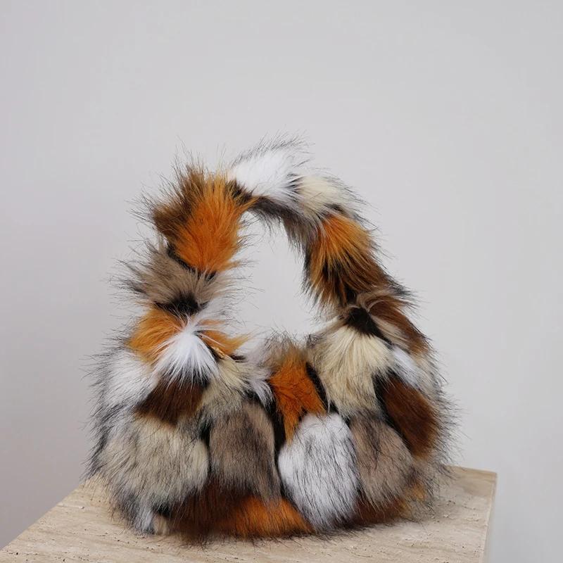 Leopard Plush Women's Hobos Underarm Bag Y2K Hot Girls Furry Clutch Shoulder Bags Luxury Faux Fur Female Fluffy Small Handbags