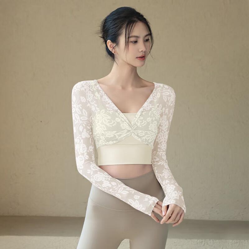 

ACKDCS Women s Faux Two-Piece Lace Mesh Long-Sleeve Yoga Top with Chest Pad M