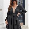 Elegant Chic Long Sleeve Lace Dress V Neck Solid Color Ruffle Women Dresses Fall Winter Sizes S XL