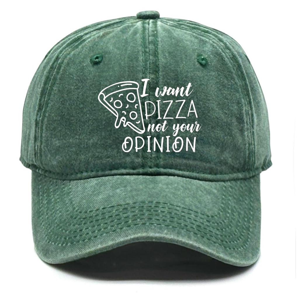 I want pizza not your opinion" Print Snapback Sun Hat, Trucker Hat Sun Protective Sporting Headwear Distressed Adjustable Baseball Hat