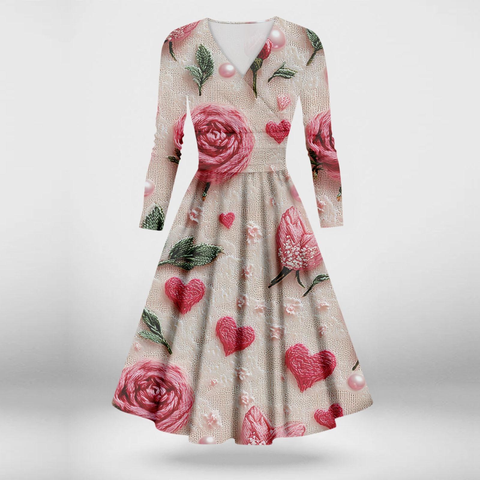 

Ladies Fashion Casual Valentine s Day Print Long Sleeve V-neck Sexy Dress M розовый