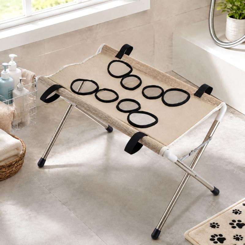 Mesh Dog Bath Bed Grooming Hammock Stand for Routine Coat Care, with Fabric Edges Holes and a Detachable Rustless Steel Frame