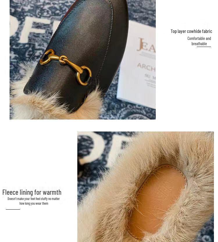 2025 Women's Genuine Leather Furry Half-Slippers with Horsebit Strap - Warm Autumn/Winter Shoes