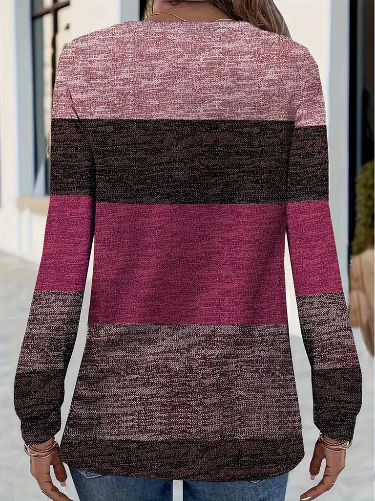 2024 Autumn/Winter Women’s Casual V-neck Color Block Patchwork Long Sleeve Oversized Harajuku Top
