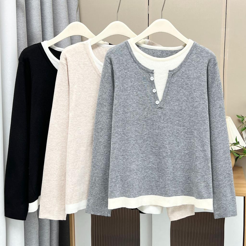Fashion Versatile Fake Two Piece Knit Plus Size Long Sleeve Sweater For Women