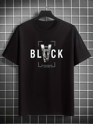 CZARNY Kreatywny T-shirt Casual z Nadrukiem Liter, Z Okrągłym Dekoltem i Krótkim Rękawem Dla Mężczyzn, Szybkoschnący Wygodny Casualowy Letni Top