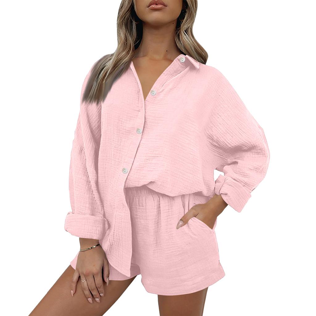 Women's Casual Color Long Sleeved Shorts Set, Crepe Home Set