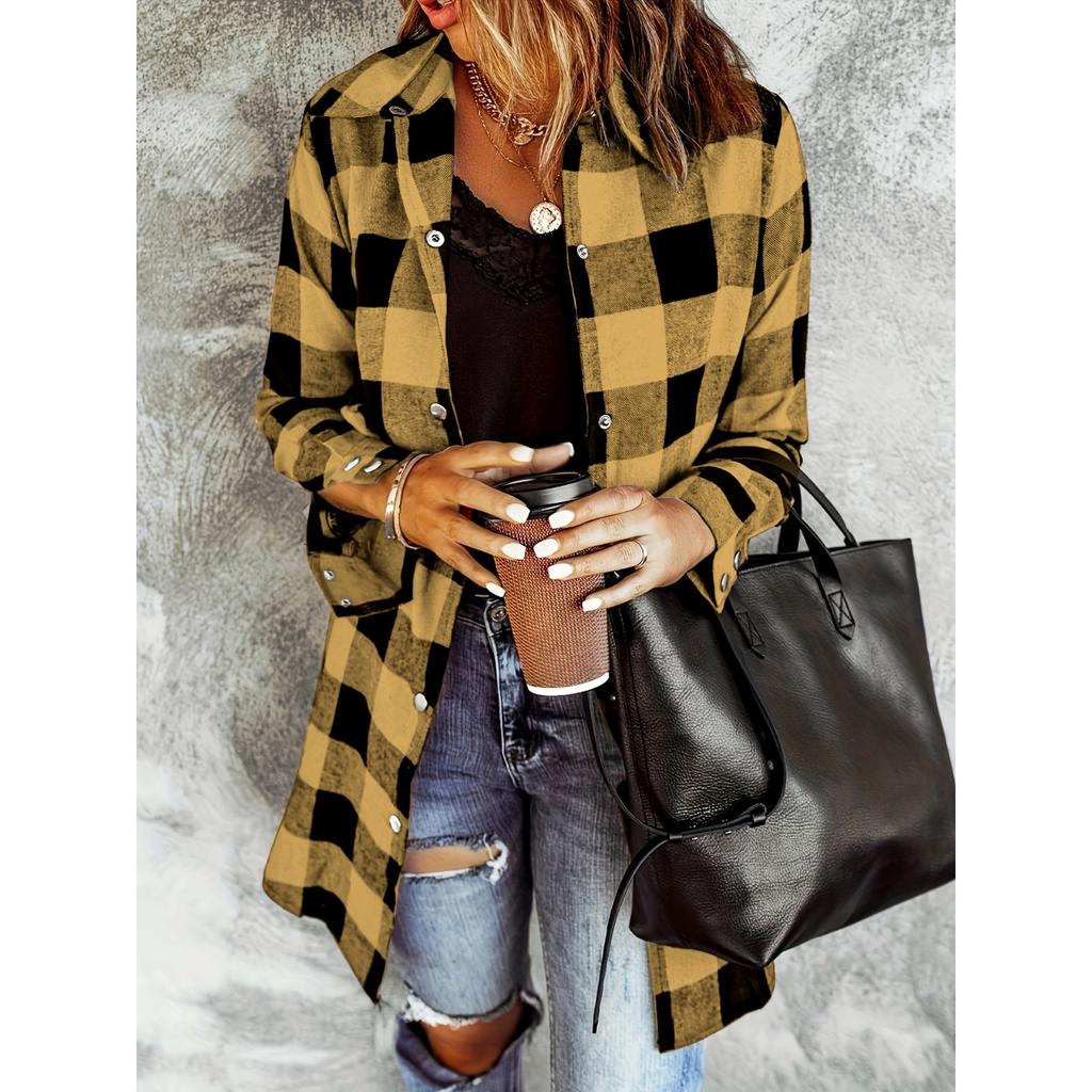 Fall Winter Vintage Plaid Long Sleeve Lapel Women's Loose Casual Shirt Jacket, Leisure Outerwear