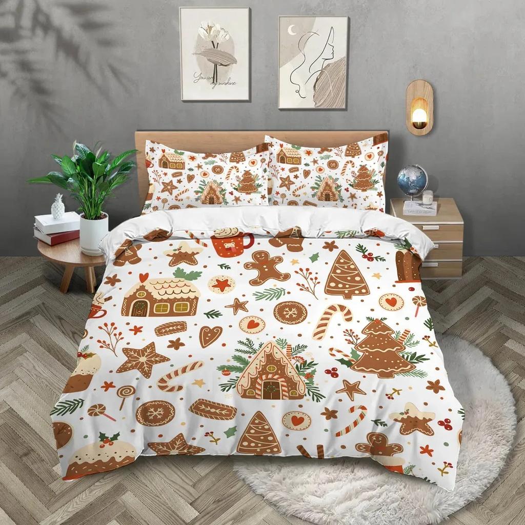 Christmas Cottage Gingerbread Man Brown Print Quilt Cover with Pillowcases Skin-friendly Warm Soft Breathable Bedding Set