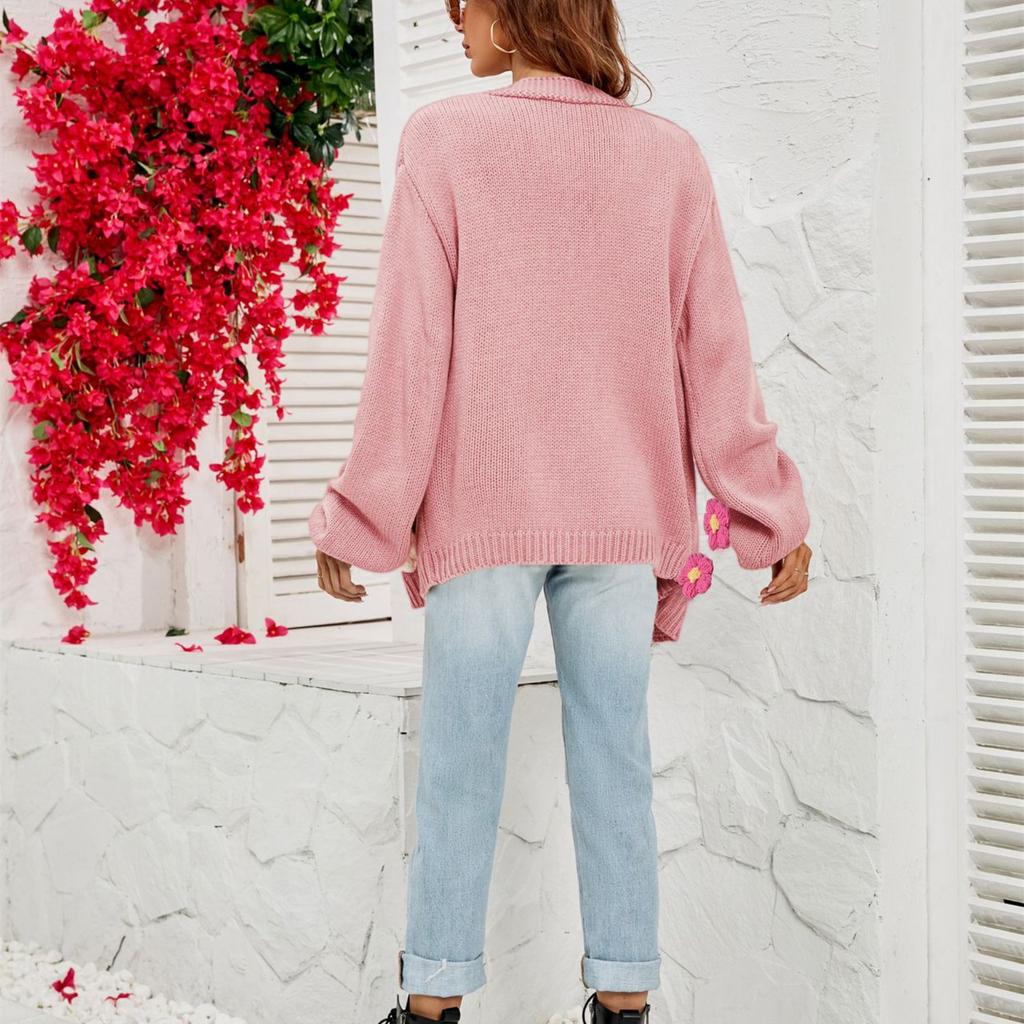 2023 Winterkleid Große Größe Damen Blumen Cardigan Laternenärmel Pullover Mantel