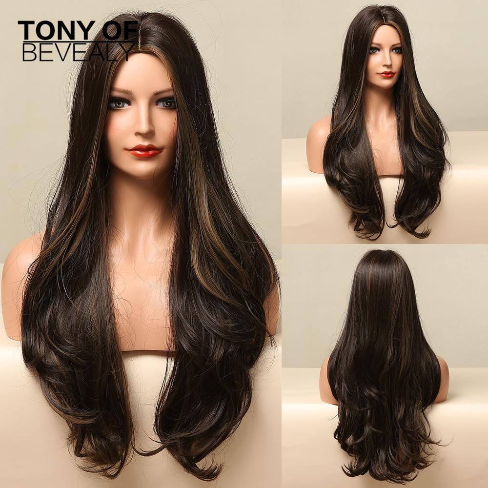 HAIRCUBE White Platinum Mixed Brown Synthetic Wigs Long Wavy Natural Hair Wigs for Women Middle Part Daily Heat Resistant Wigs