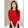 Autumn Women's New Spliced Round Neck Button Fashion Solid Color Chinese Style Knitted Long Sleeve Top