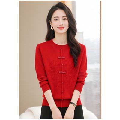 Autumn Women's New Spliced Round Neck Button Fashion Solid Color Chinese Style Knitted Long Sleeve Top