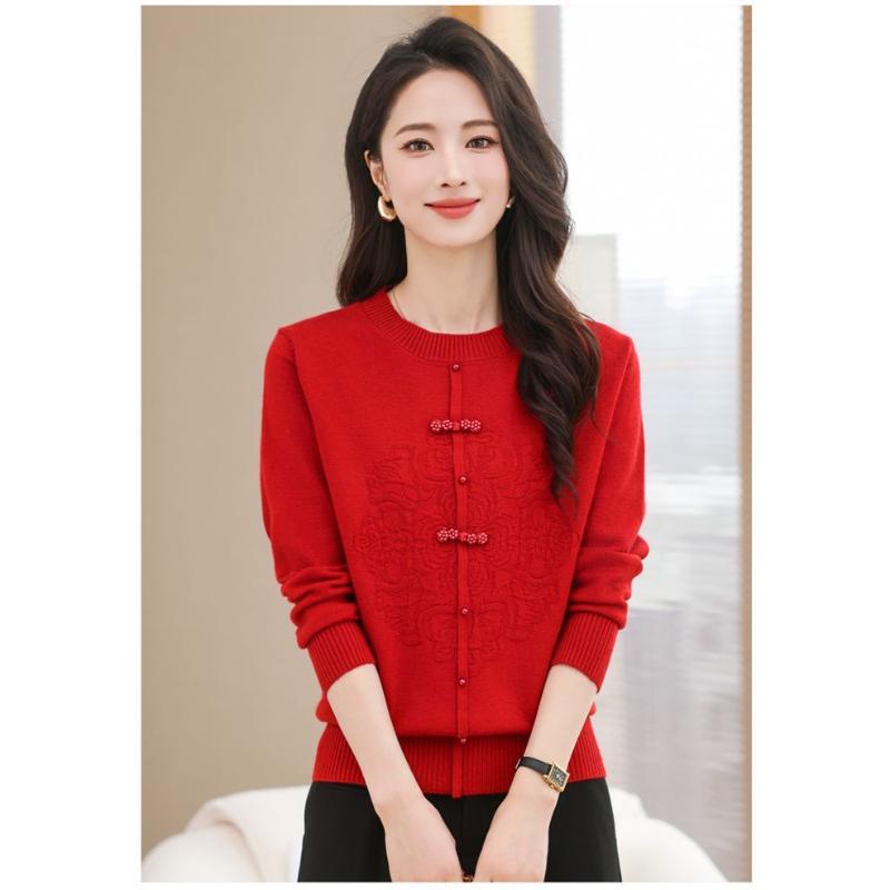 

Autumn Women s New Spliced Round Neck Button Fashion Solid Color Chinese Style Knitted Long Sleeve Top M красный