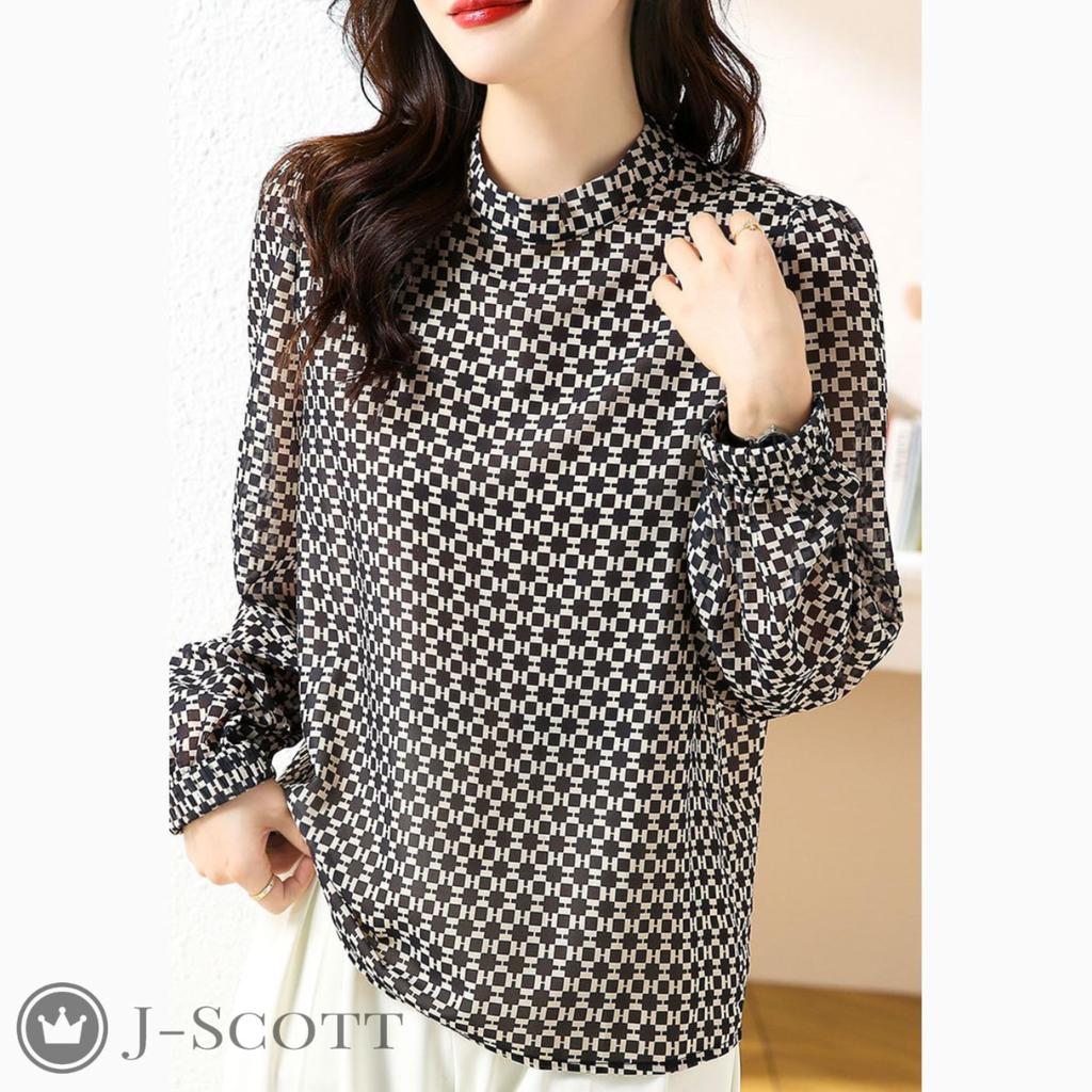 Printed Long Puff Geometric Sheer Stand Korean Tall Sweet and Spicy Mix Design Short Looks Silky Summer Looks Looks Designed Fashion [J-Scott] Blouse,