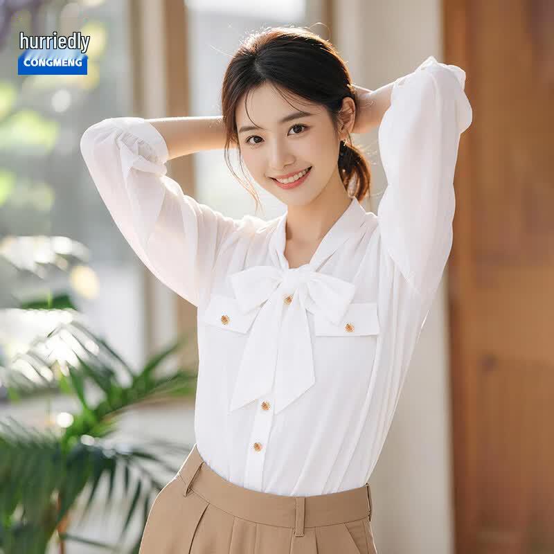 Women s Elegant Chiffon Bow Blouse S