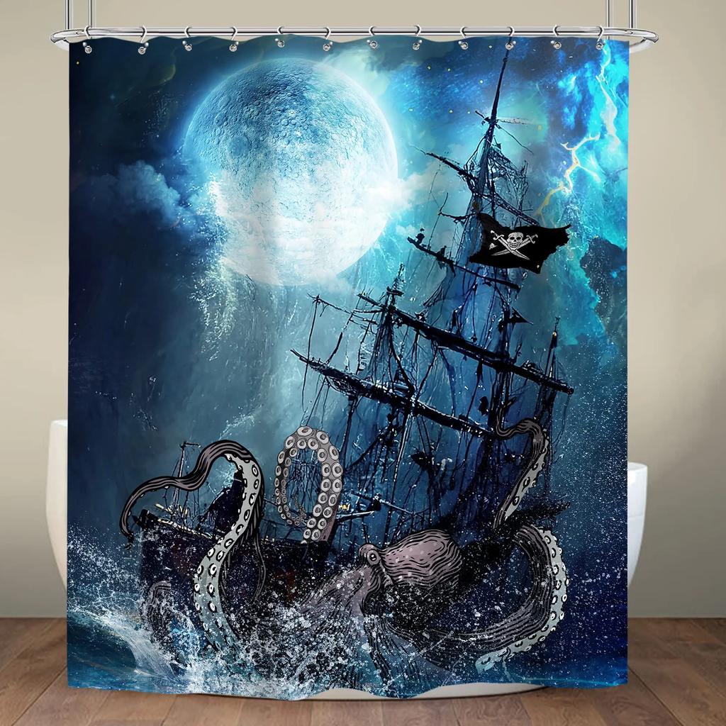 Pirate Ship Shower Curtain for Nautical Bathroom Fantasy Ocean Vintage Pirate Ship Bath Curtains Polyester Decor with 12 Hooks