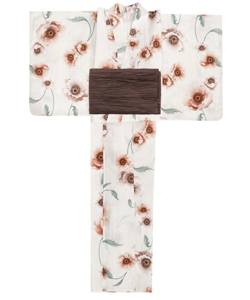 Yukata change set heiko H caramel one size fits [KYOETSU] set, weave, unbleached, 2-piece (yukata, obi), women's (2. mousse, all)