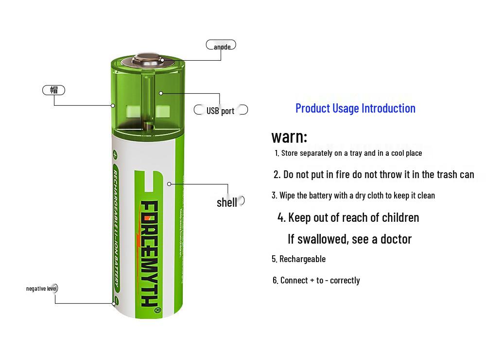 Rechargeable 1.5V USB Fast Charge Lithium Battery for Toy Cars, Calculators, and Mice, Size 5