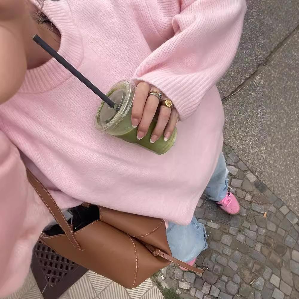 European and American style year winter new pink sweet round neck pullover lazy sweater