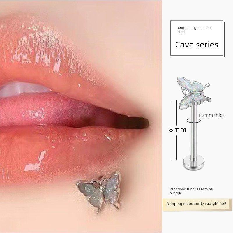 

External Thread Straight Bar Flash Butterfly Side Lip Stud Subculture Niche Design Straight Stud American Style Medical Titanium Steel Jewelry Straight Nail 1.2*8mm White Butterfly