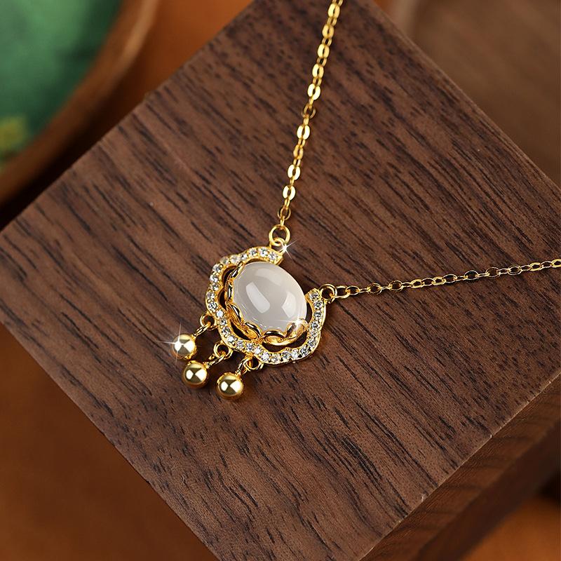 S925 Sterling Silver with Diamonds, Chalcedony White Safety Lock Necklace, Simple Classic Elements, National Style Design Collarbone Chain