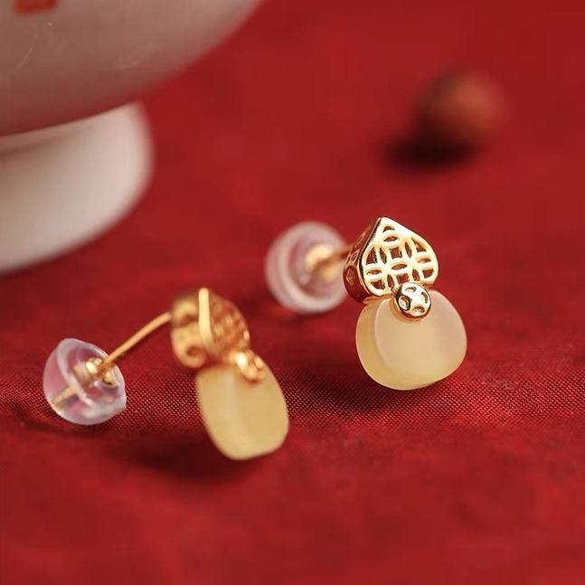 

925 Sterling Silver Jewelry Red Agate Jade Gourd Stud Earrings for Women Wedding Party Jewelry for Girls Friend Gift Silver Plated