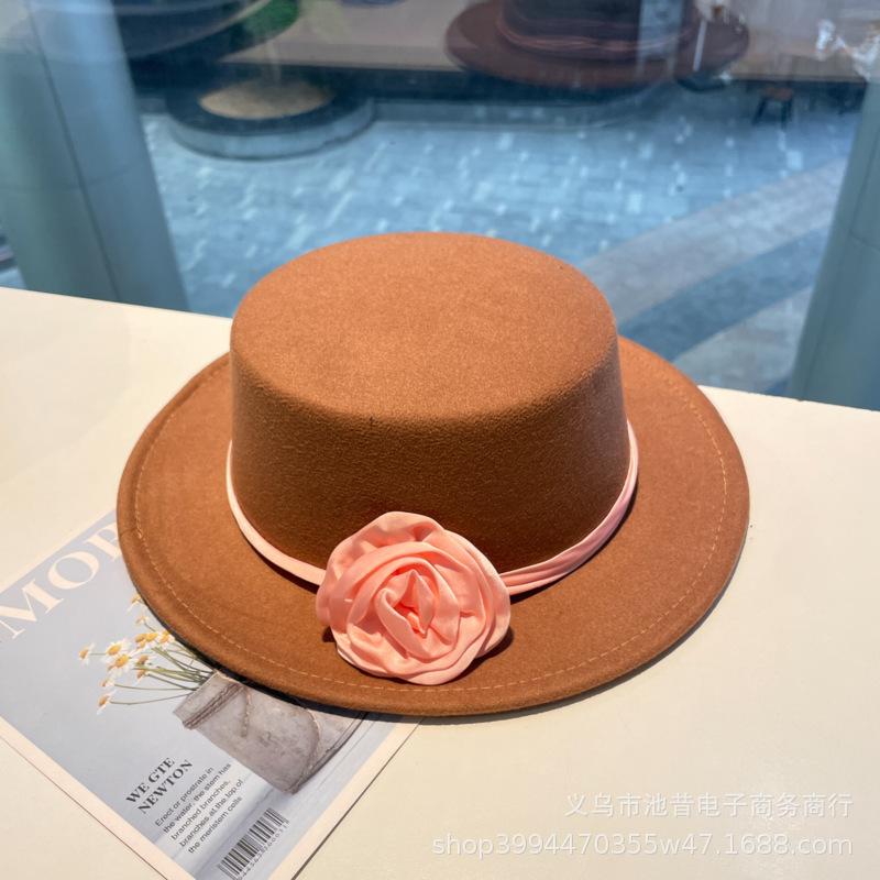 Rose flower strap flat top woolen top hat female autumn and winter warm sweet cute fashion versatile performance flat top hat