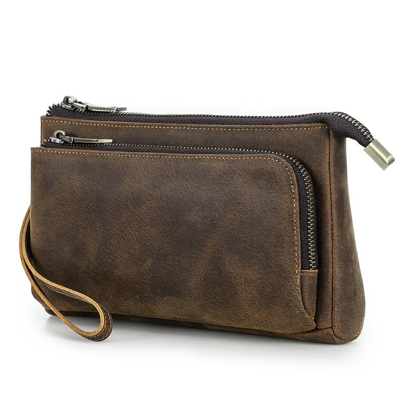 

Retro Crazy Horse Leather Wrist Strap Phone & Cable Storage Bag with Multi-Chain кофейный