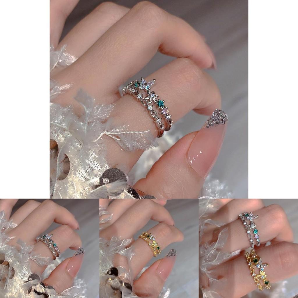 Elegant Floral Butterfly Double Layer Ring For Women Adjustable Size Fashion Accessory
