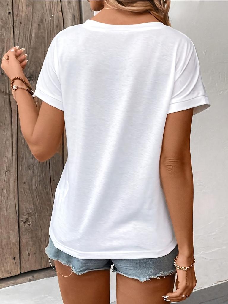Spring and Summer Women's Casual Short-Sleeved V-Neck T-Shirt, Solid Color Style