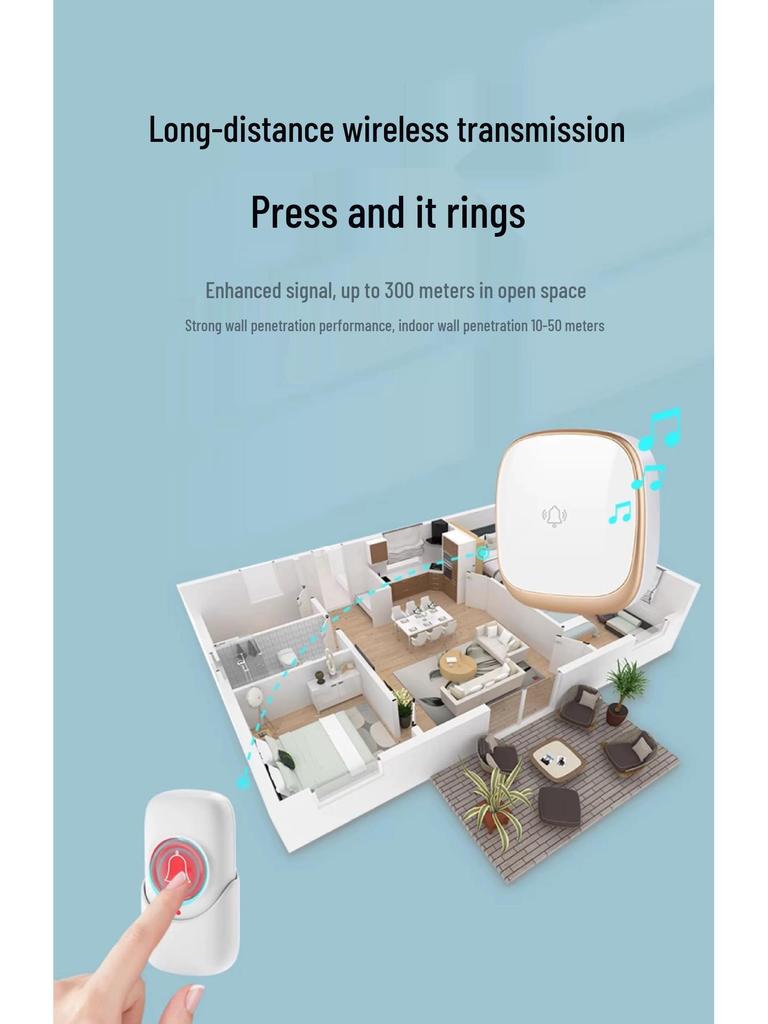Seven-Color Wireless Flashing Music Doorbell for Homes, Long-Range Plug-in, Ideal for the Elderly and Rural or Villa Use