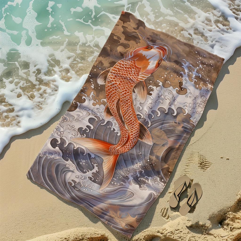 Japanese Koi Fish Beach Towel Flat Print Traditional Ukiyo-e Wave Bath Towel for Summer Travel Swimming Pool Outdoor Decor